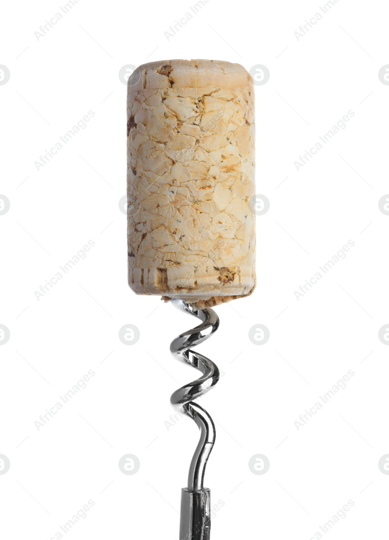 Photo of Corkscrew with wine cork on isolated background. Domestic tool