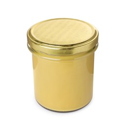 Photo of Glass jar of delicious mustard isolated on white