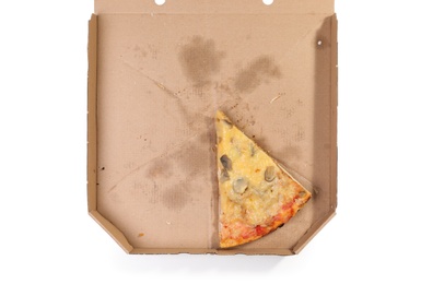 Photo of Cardboard box with pizza piece on white background, top view