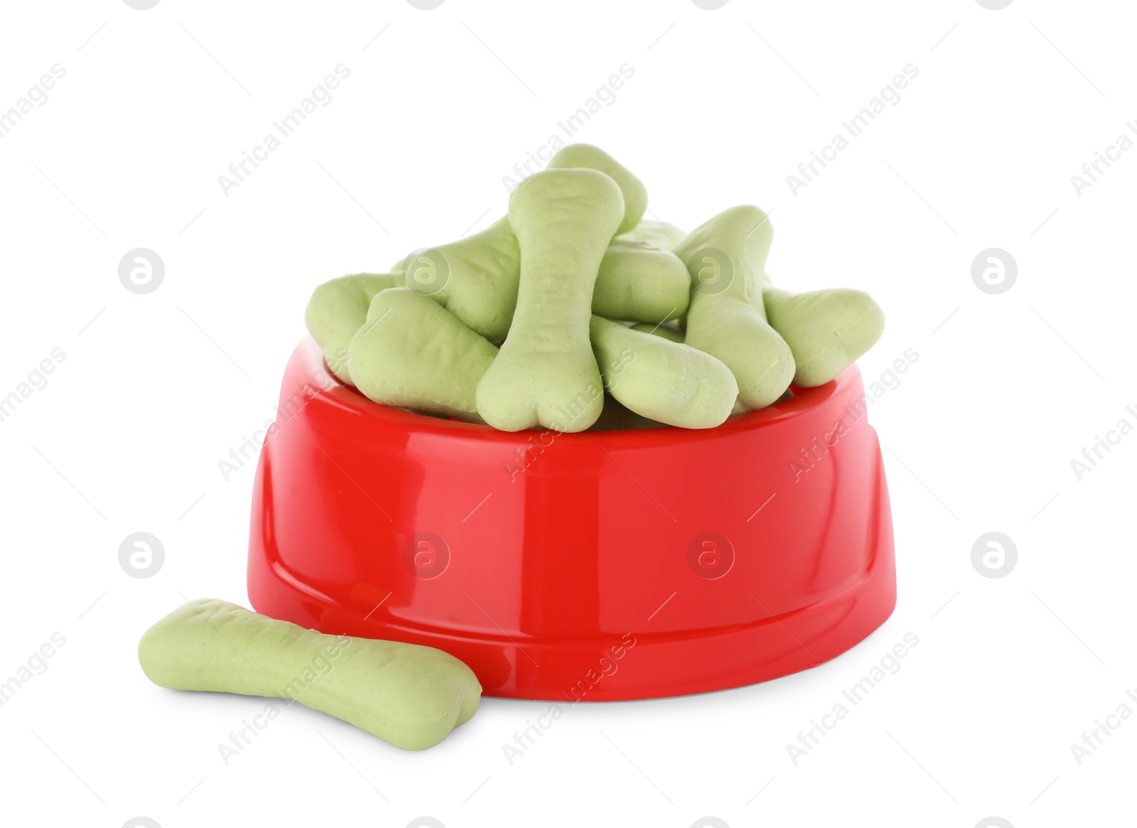 Photo of Bone shaped dog cookies and feeding bowl on white background