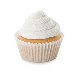 Photo of Tasty cupcake with frosting isolated on white