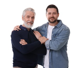 Son and his dad on white background