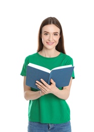 Photo of Young woman reading book on white background