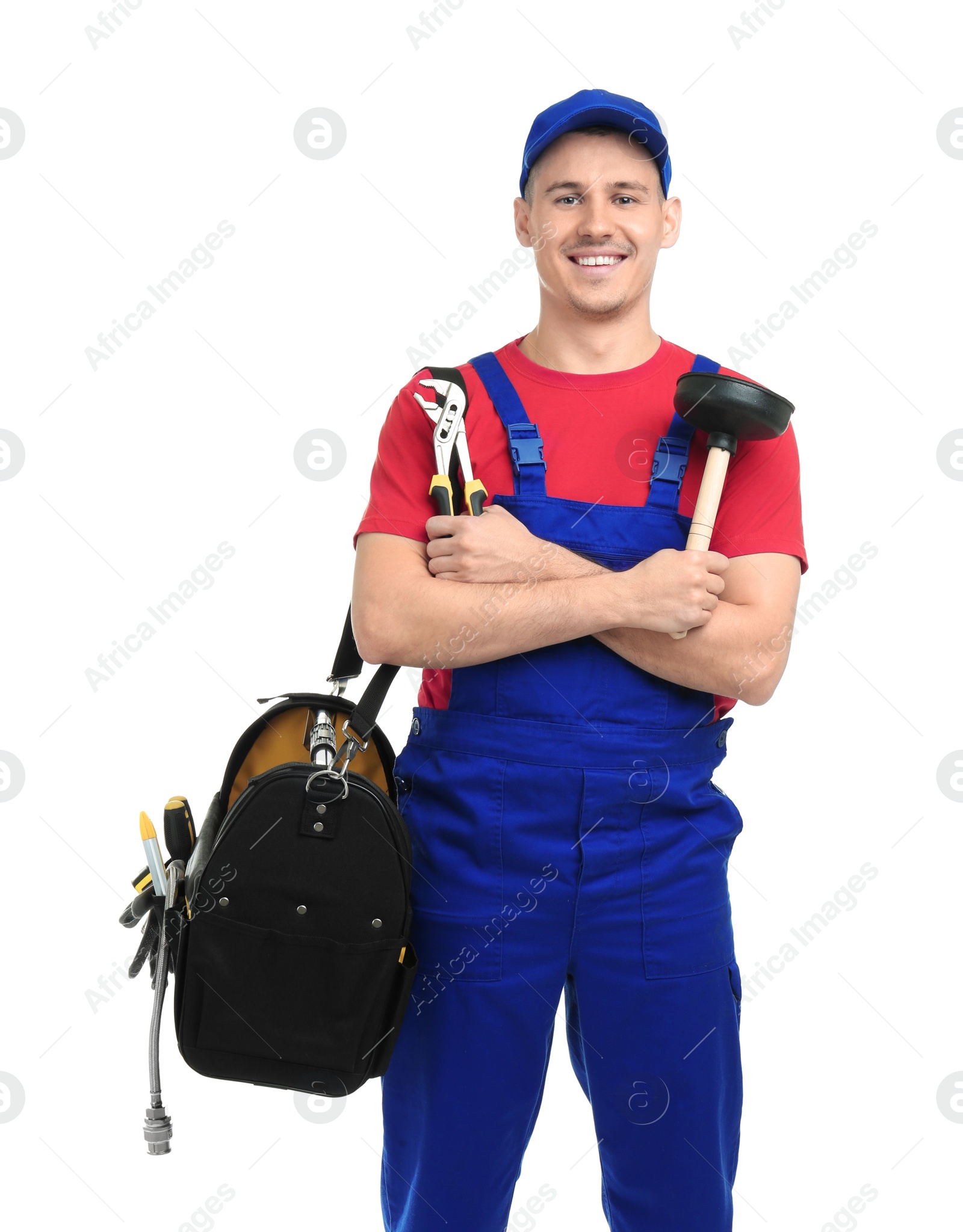 Photo of Young plumber with tool bag on white background