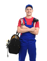 Photo of Young plumber with tool bag on white background