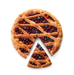 Delicious cut currant pie and fresh berries on white background, top view