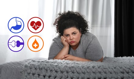 Image of Virtual icons demonstrating different health problems and overweight woman on bed at home