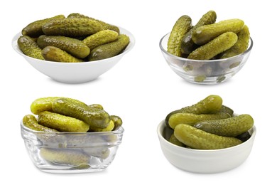 Tasty pickled cucumbers in bowls isolated on white, set