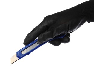 Photo of Worker holding utility knife on white background, closeup