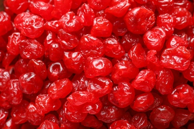 Tasty cherries as background, top view. Dried fruits as healthy food