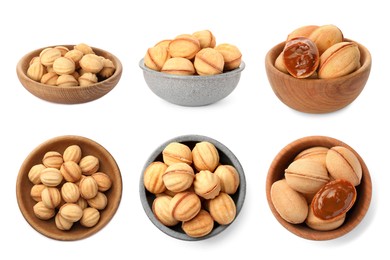 Image of Delicious nut shaped cookies with caramelized condensed milk in bowls isolated on white. Collage with top and side views