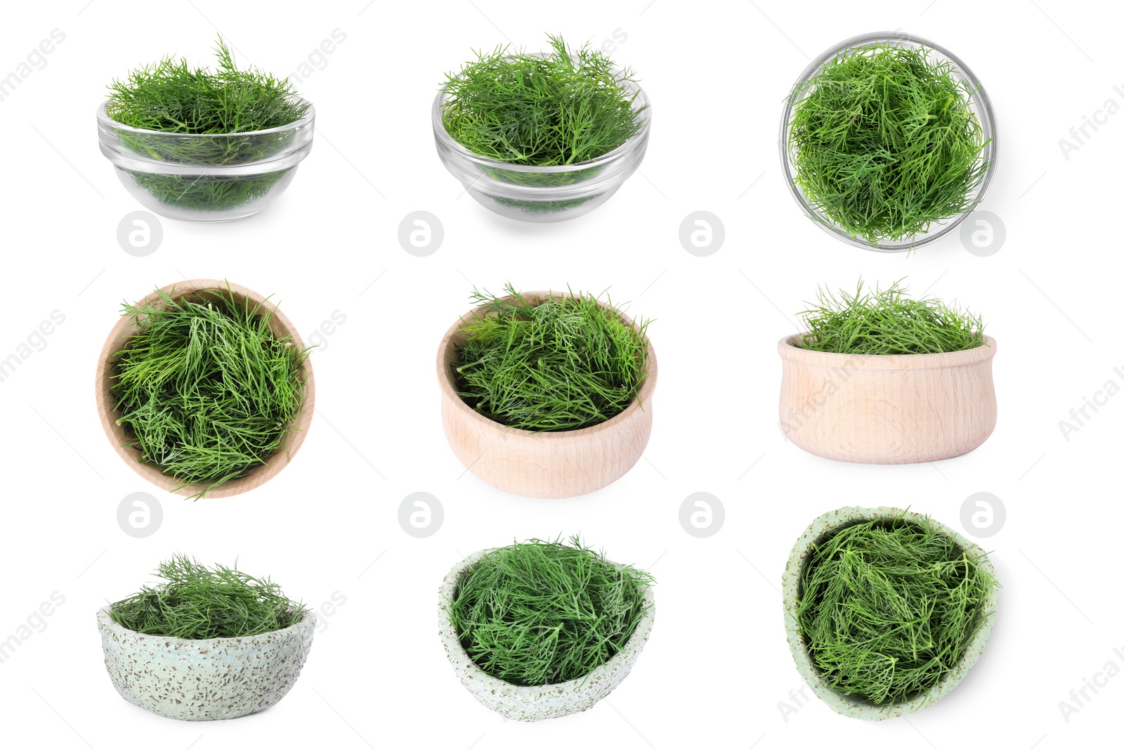 Image of Collage of bowls with fresh dill isolated on white, top and side views