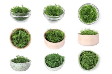 Image of Collage of bowls with fresh dill isolated on white, top and side views