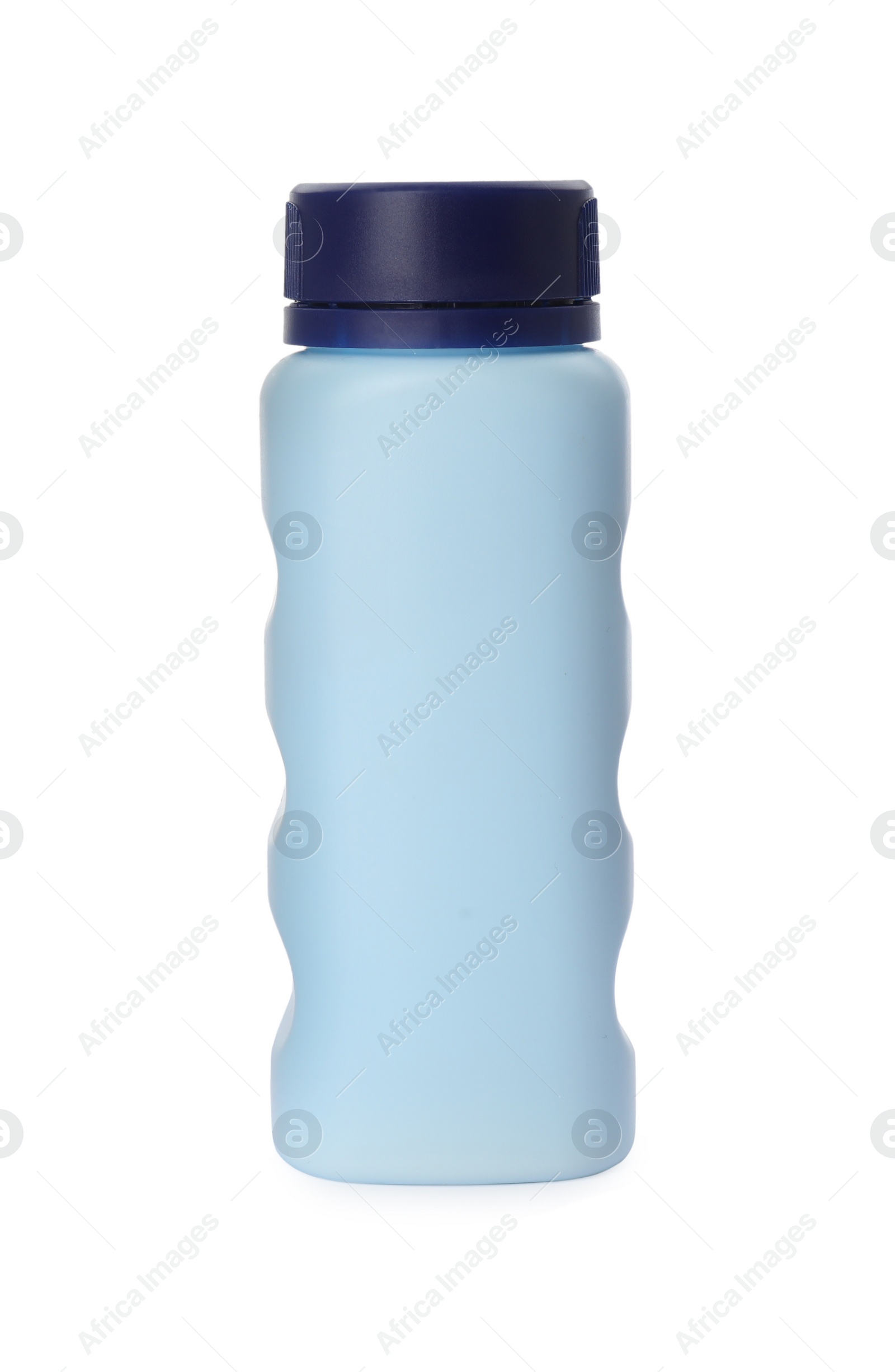 Photo of Bottle of dusting powder isolated on white, space for design. Baby cosmetic product