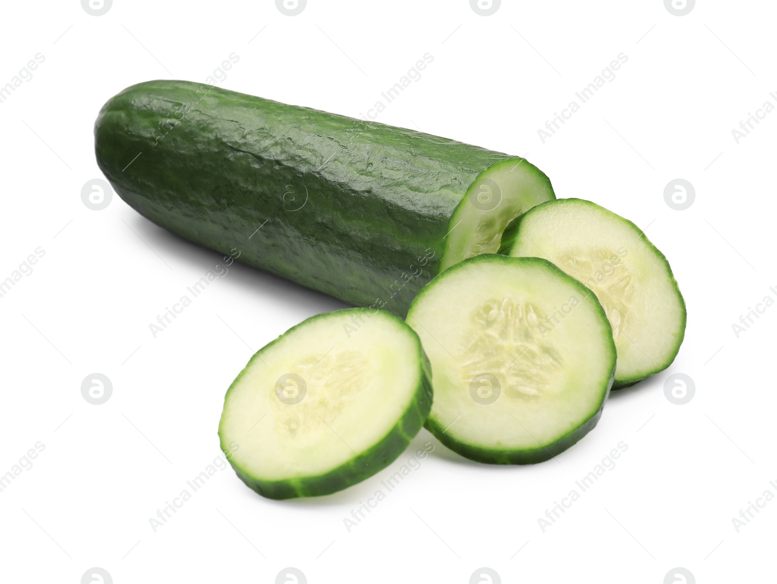 Photo of Cut ripe long cucumber isolated on white