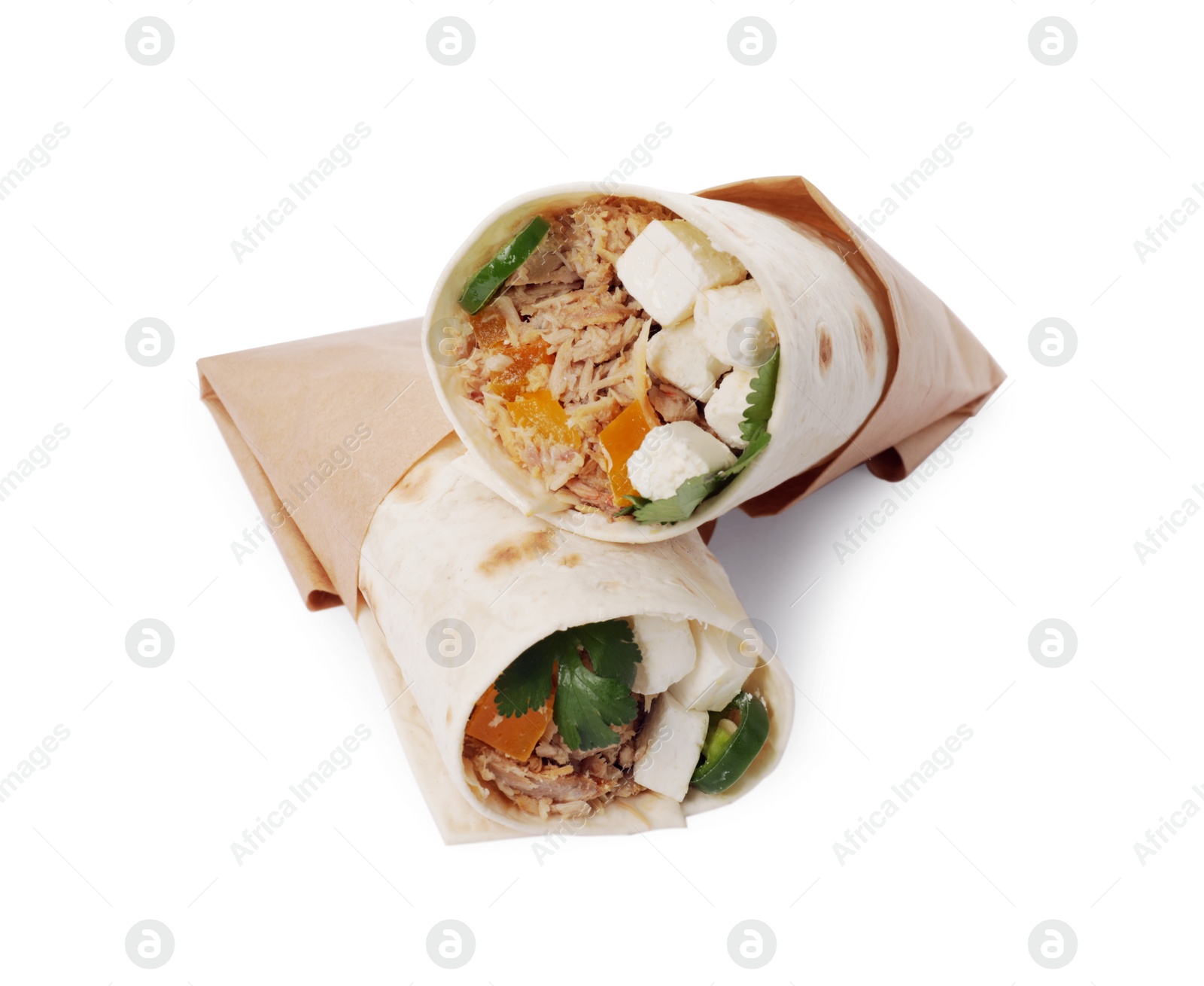 Photo of Delicious tortilla wraps with tuna, cheese and vegetables isolated on white