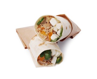 Delicious tortilla wraps with tuna, cheese and vegetables isolated on white