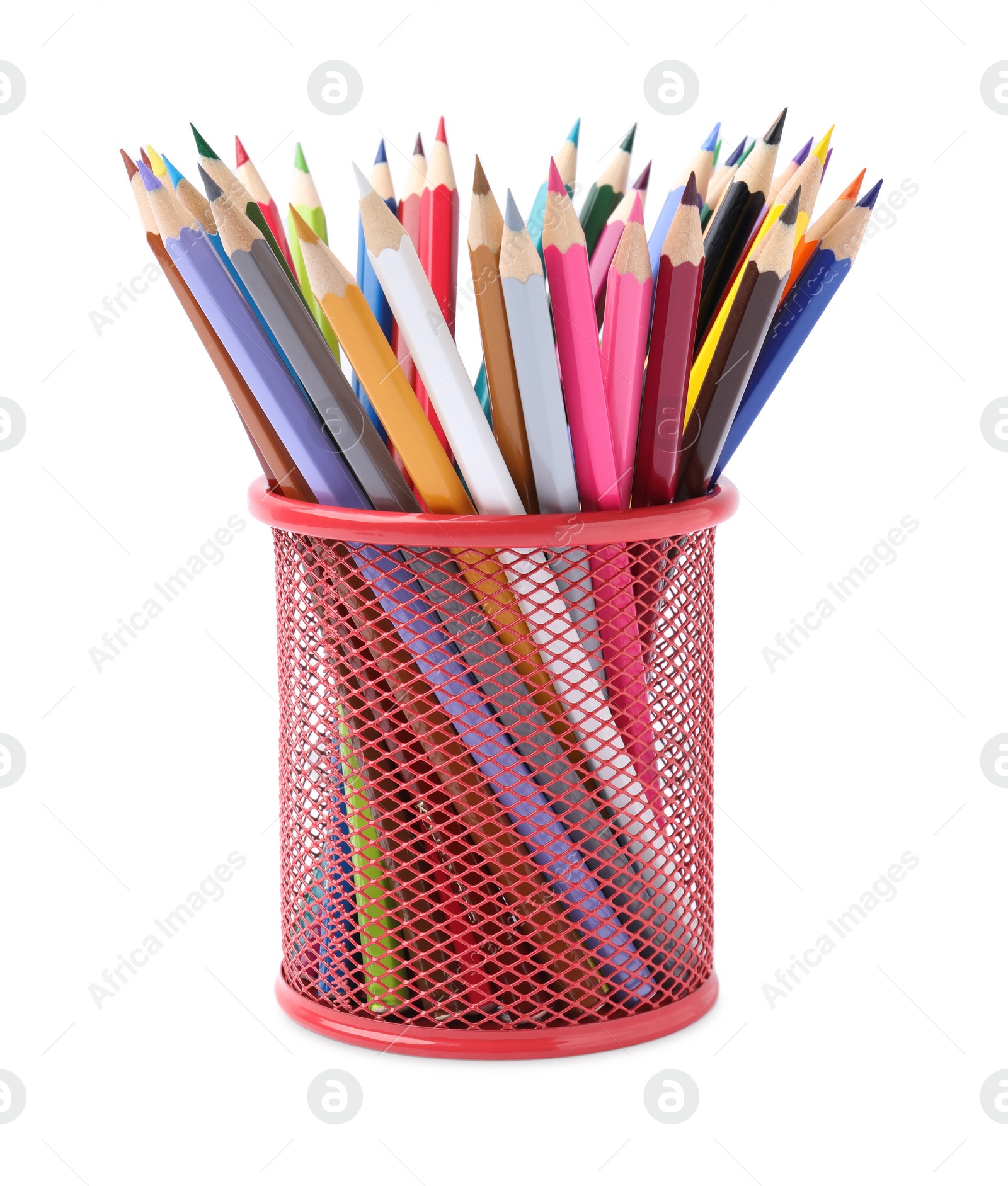 Photo of Many different colorful pencils in holder isolated on white