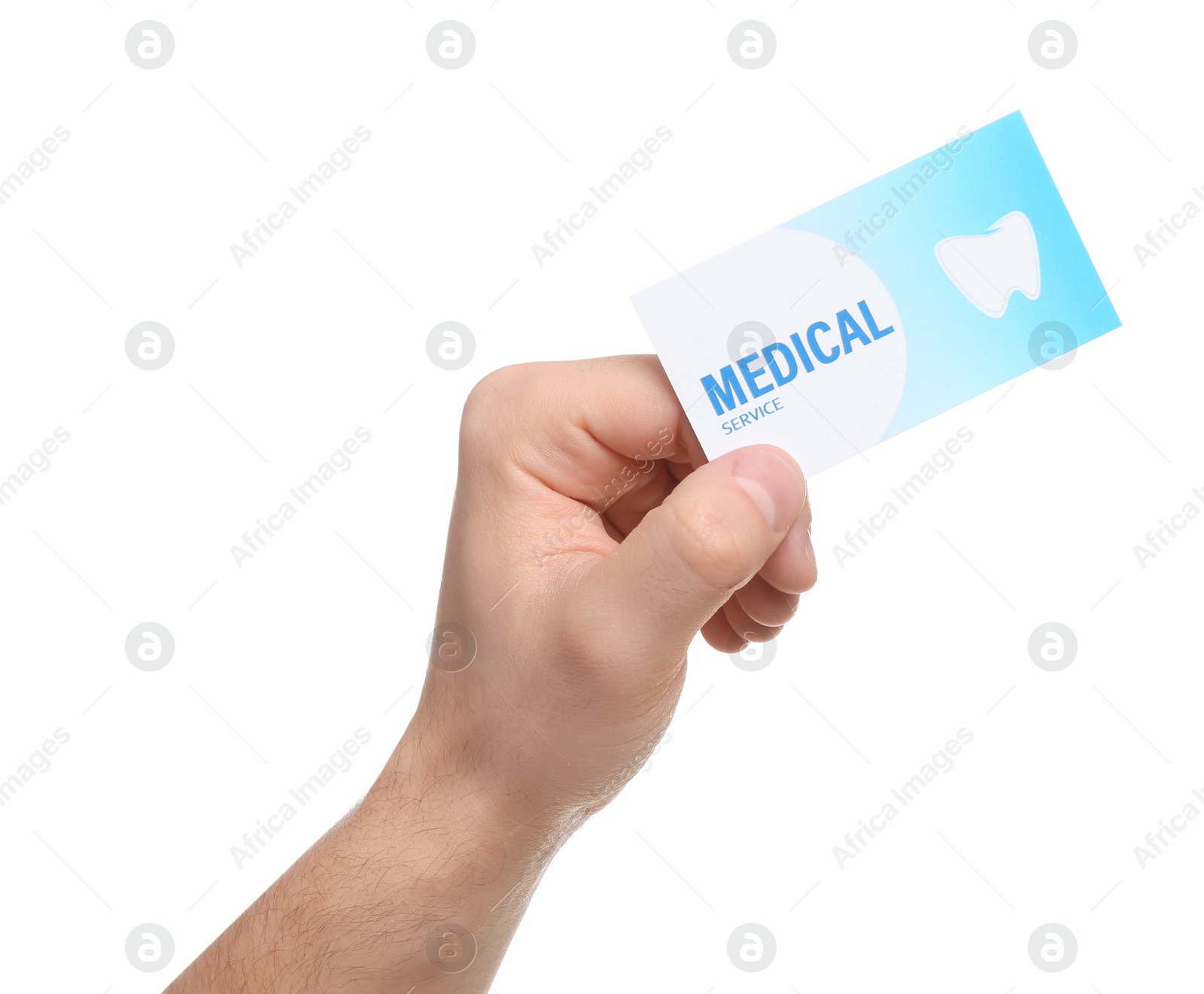 Photo of Man holding business card isolated on white, closeup. Dental medical service