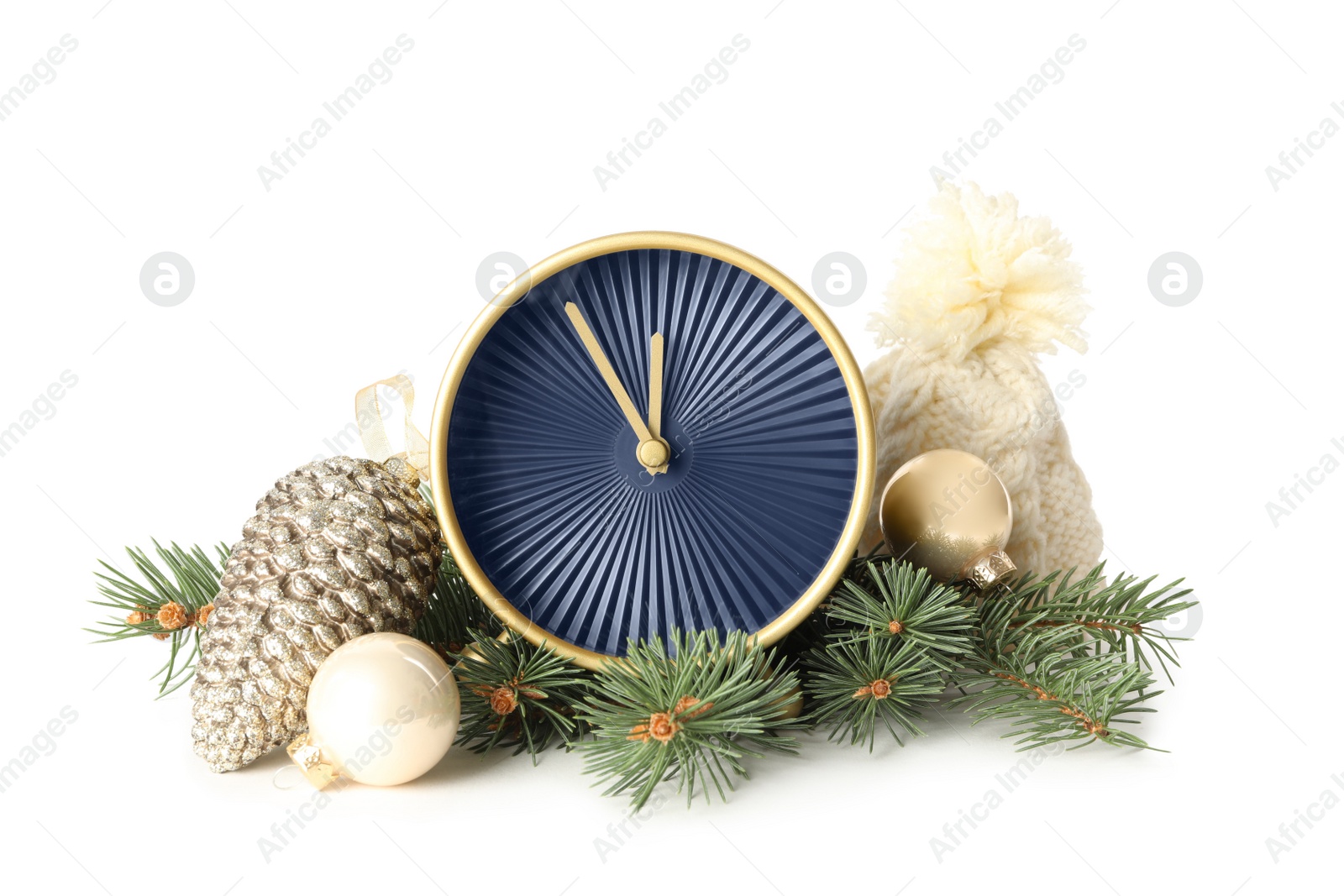 Photo of Alarm clock, hat and festive decor on white background. New Year countdown