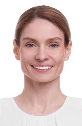 Image of Passport photo. Portrait of woman on white background