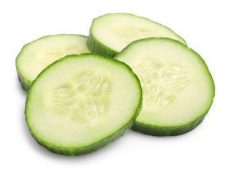 Photo of Slices of fresh cucumber isolated on white