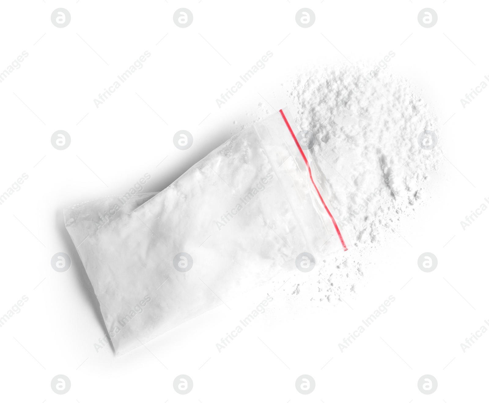 Photo of Cocaine in plastic bag on white background, top view