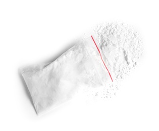 Photo of Cocaine in plastic bag on white background, top view