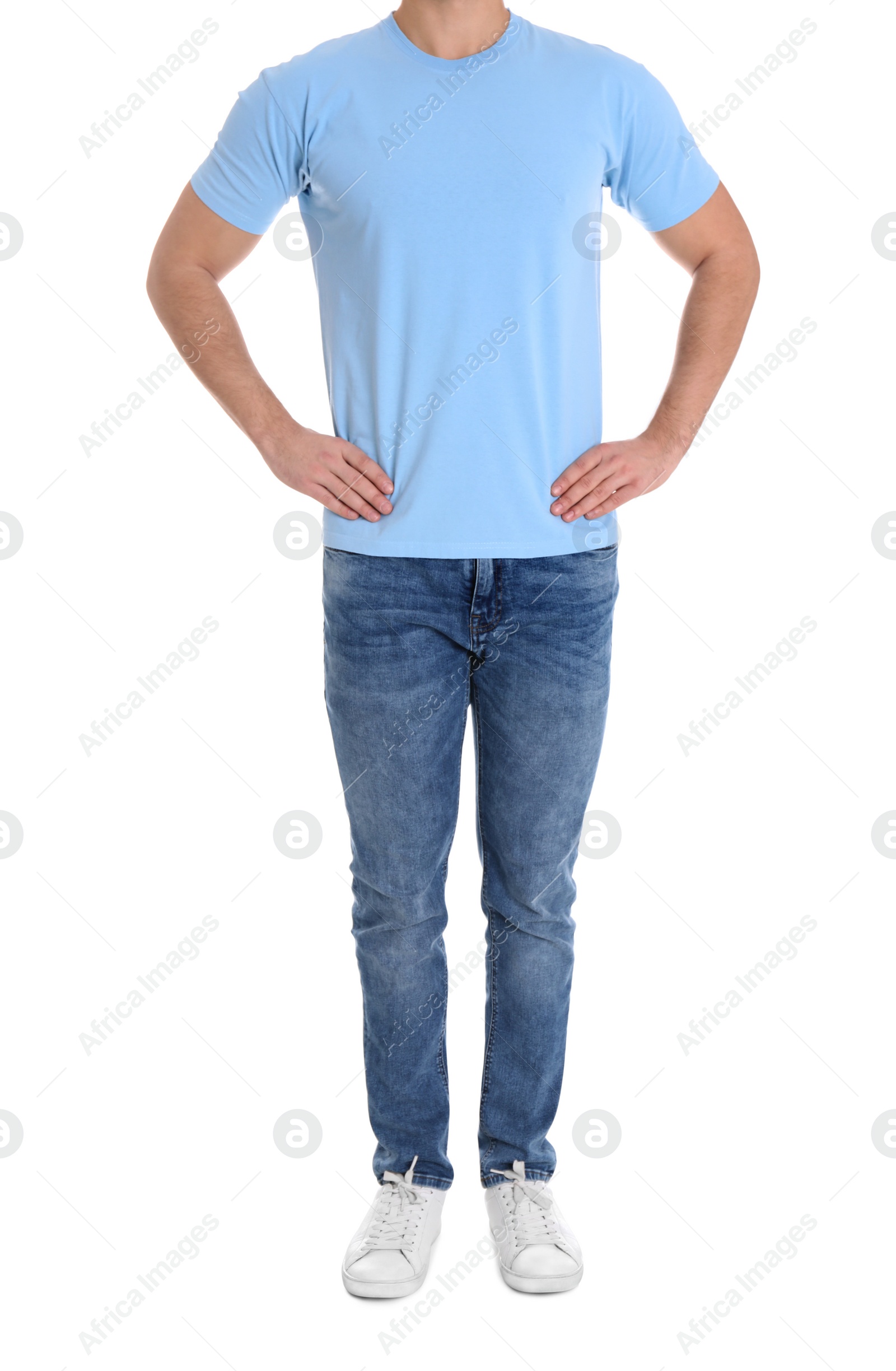 Photo of Young man on white background, closeup. Weight loss