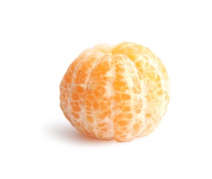 Peeled ripe tangerine on white background. Citrus fruit