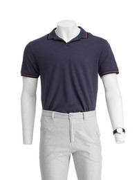 Photo of Male mannequin with watch dressed in stylish polo shirt and shorts isolated on white