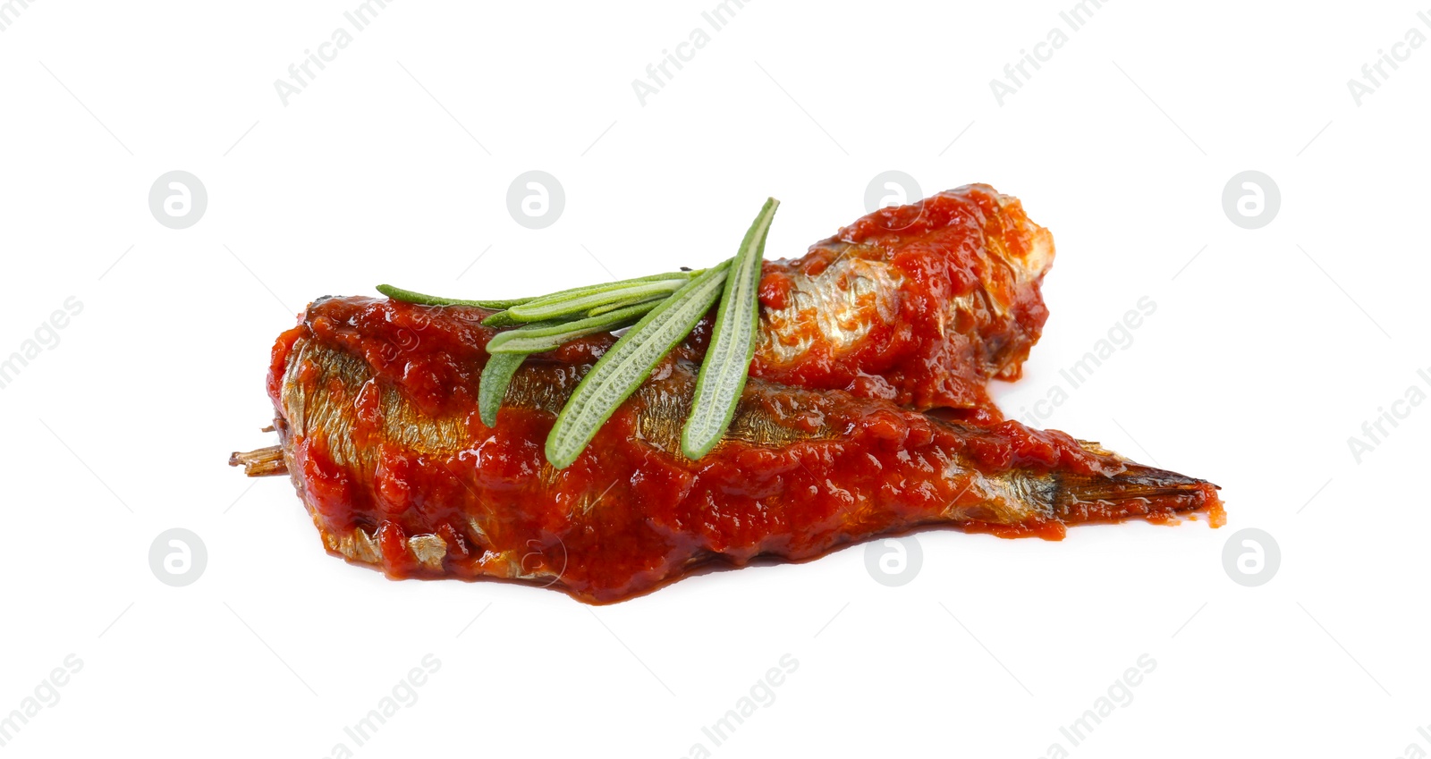 Photo of Tasty canned sprats with tomato sauce and rosemary isolated on white