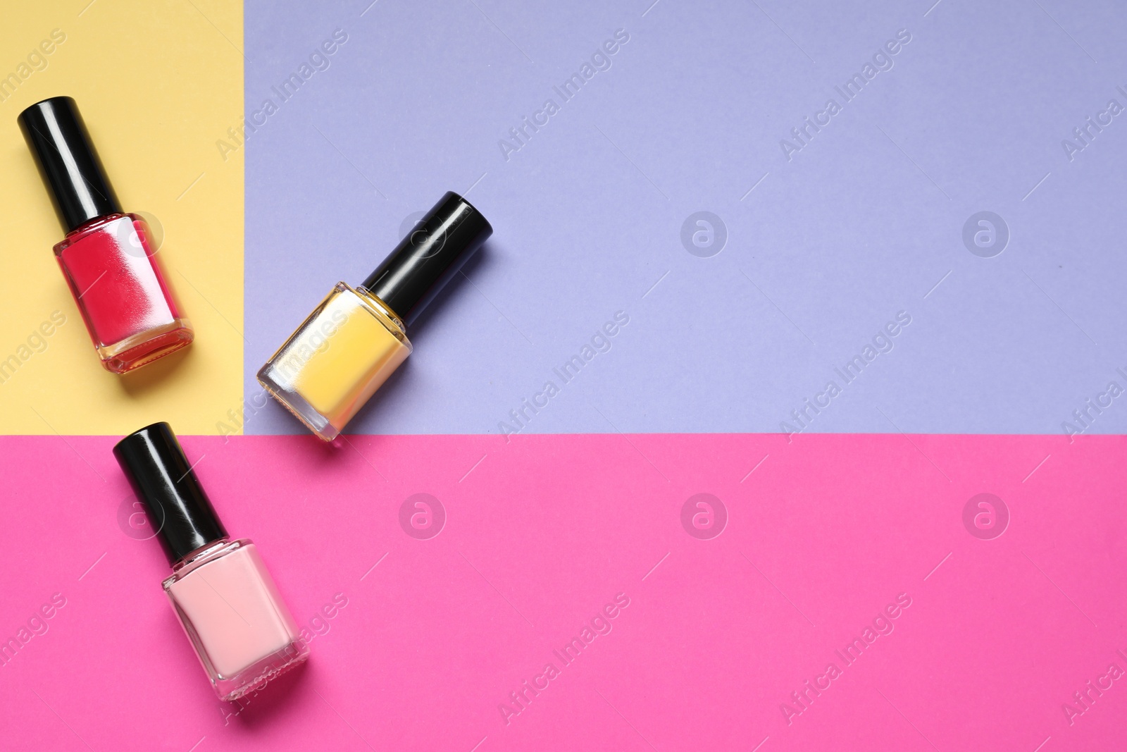 Photo of Nail polishes on color background, flat lay. Space for text