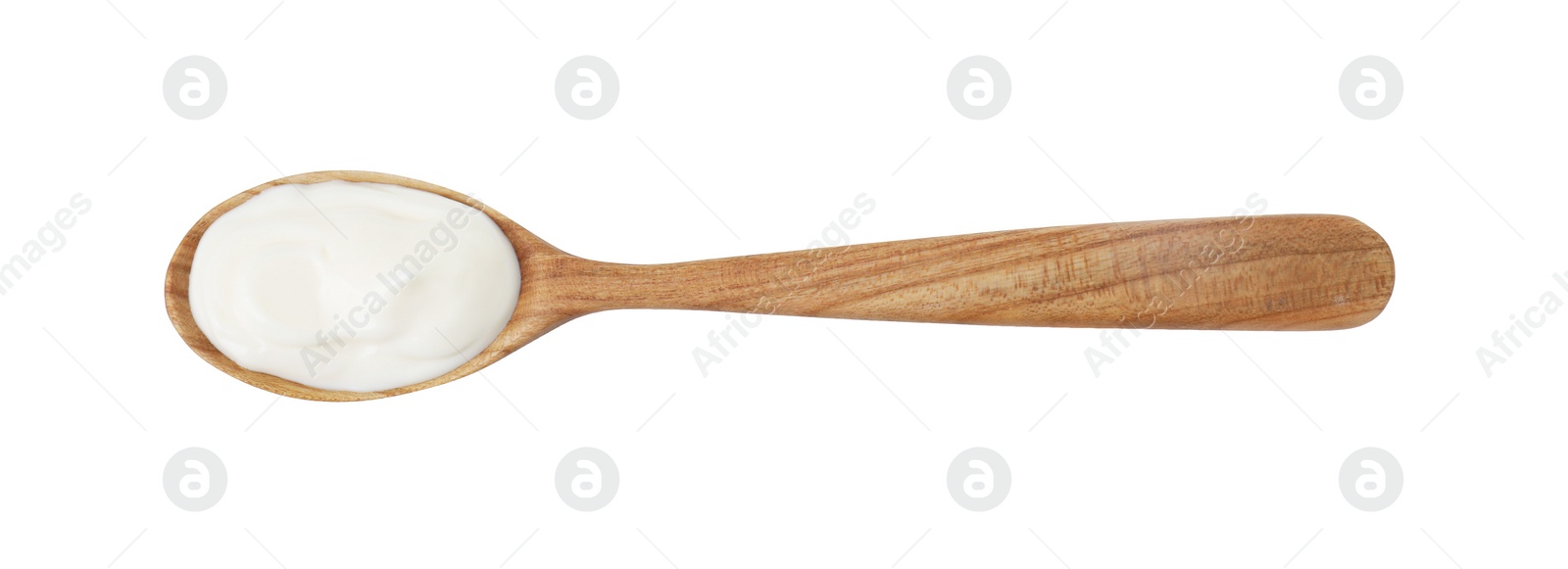 Photo of One wooden spoon with mayonnaise isolated on white, top view