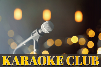 Image of Modern microphone and text KARAOKE CLUB on dark background