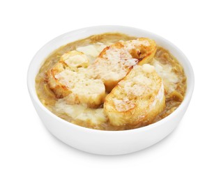 Delicious onion soup with croutons in bowl isolated on white