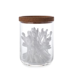 Photo of Cotton swabs in glass jar on white background