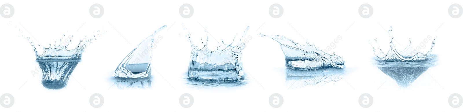 Image of Set with clear water splashes on white background. Banner design