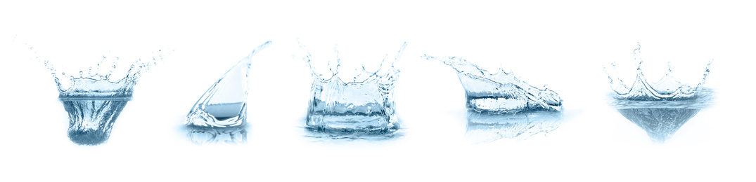 Set with clear water splashes on white background. Banner design