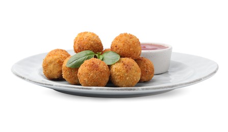 Plate with delicious fried tofu balls and basil on white background
