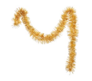 Photo of Shiny golden tinsel isolated on white. Christmas decoration