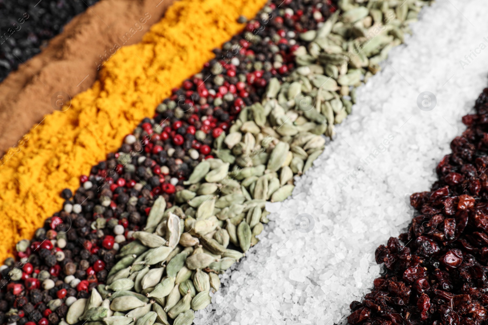 Photo of Many different spices as background, closeup view