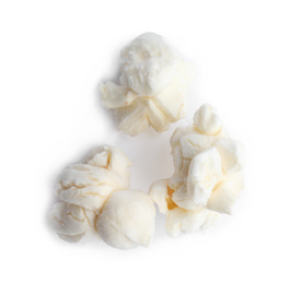 Photo of Tasty fresh pop corn isolated on white, top view