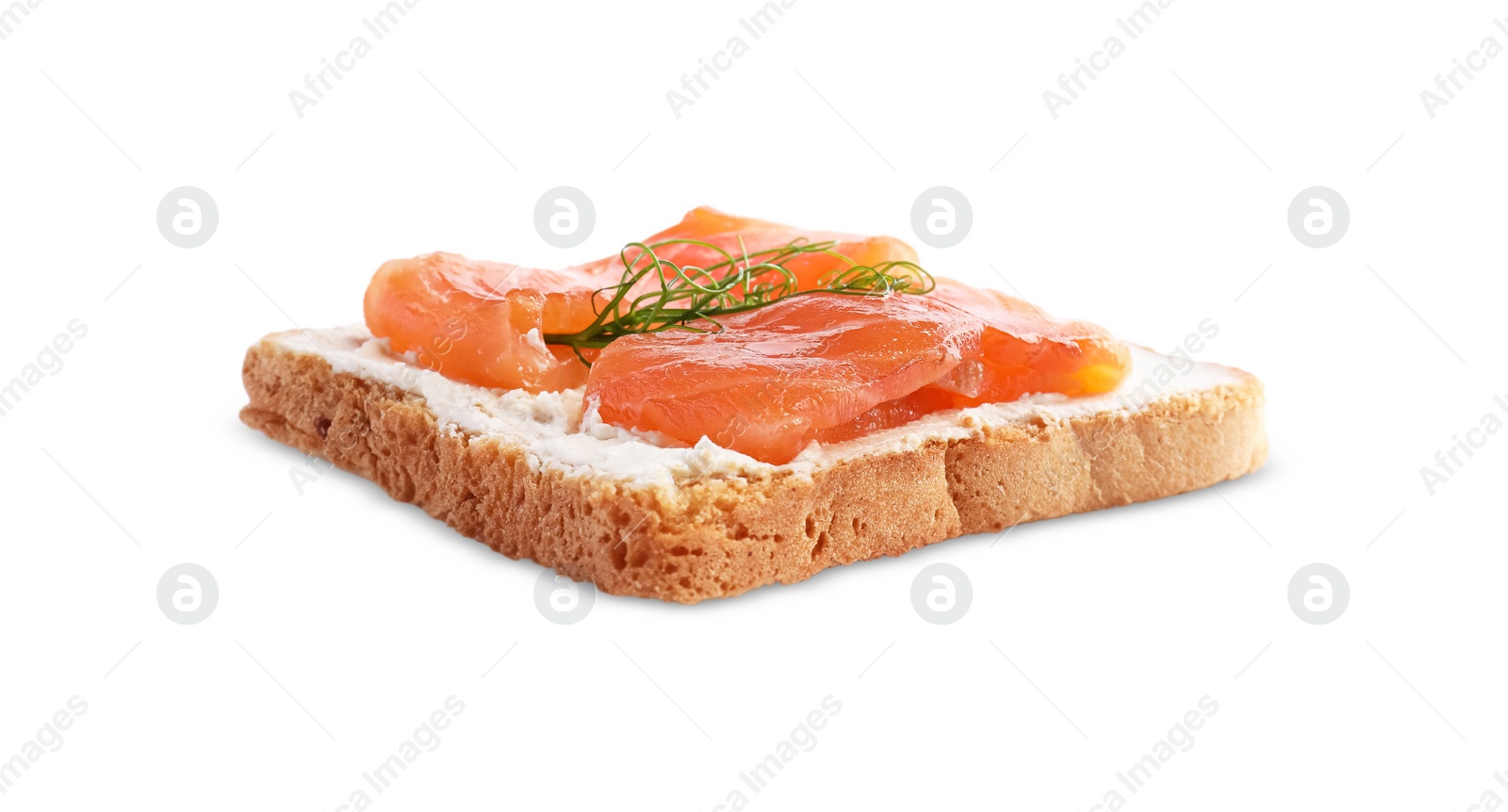Photo of Delicious toast with cream cheese, salmon and microgreens isolated on white