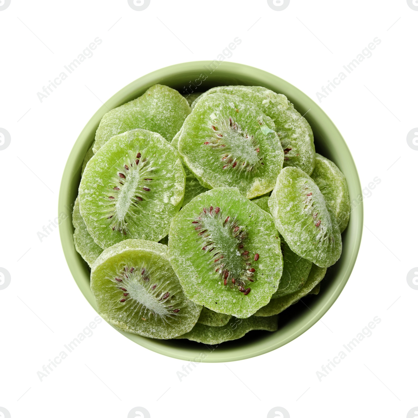 Photo of Bowl with slices of kiwi on white background, top view. Dried fruit as healthy food