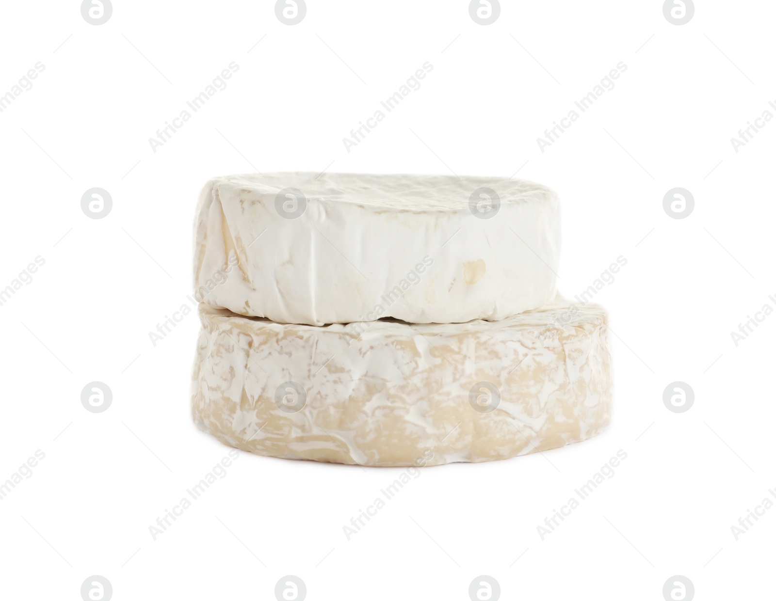 Photo of Tasty camembert and brie cheeses isolated on white