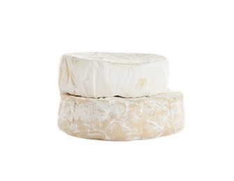 Photo of Tasty camembert and brie cheeses isolated on white