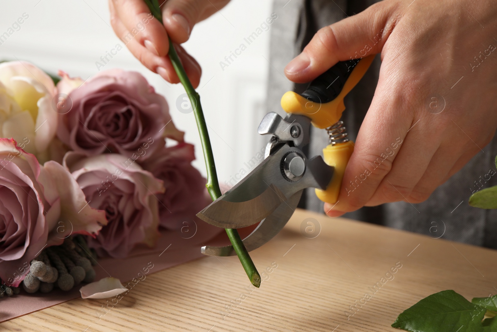 Photo of Florist cutting flower stem with pruner at workplace, closeup