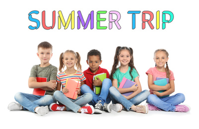 Image of Group of little children with school supplies on white background. Summer trip