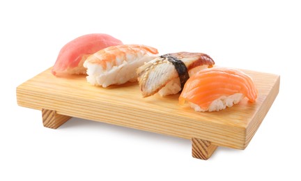 Wooden tray with delicious nigiri sushi isolated on white